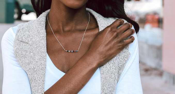 Model wearing the birthstone necklace