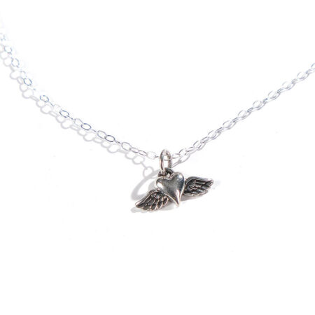 Sterling silver heart with wings, hung on a sterling silver dainty chain. Meaningful way to keep the memories of loved ones that aren’t here with us