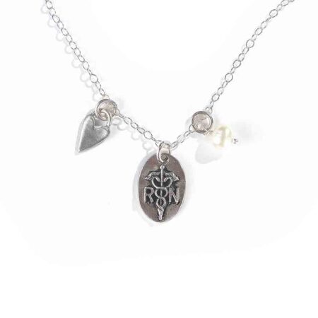 Handmade charms created in fine pewter and hung on your choice of chain with a freshwater pearl for a hardworking nurse