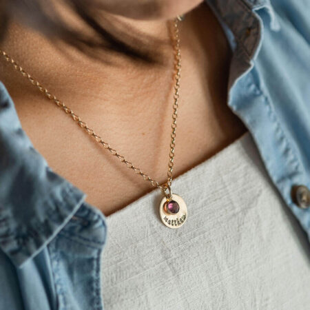 Gold-filled dainty disc and a birthstone. Personalize necklace by getting the name hand stamped