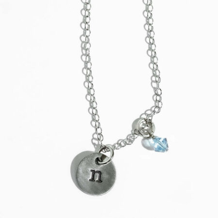 Small initial charm in fine pewter, hand stamped with your choice of initial. Perfect personalized necklace for wife, sister