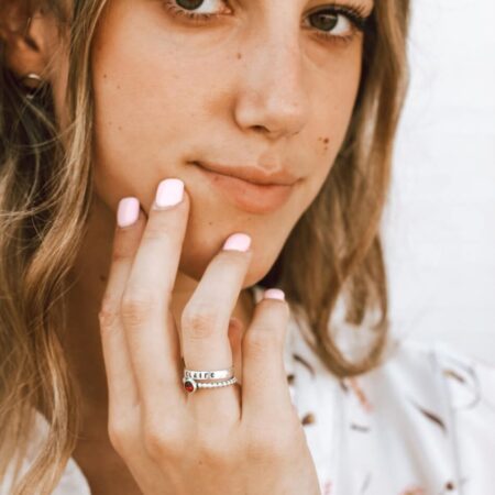 Sterling Silver Ring with Name and Birthstone. Rings can be stacked to create a unique look